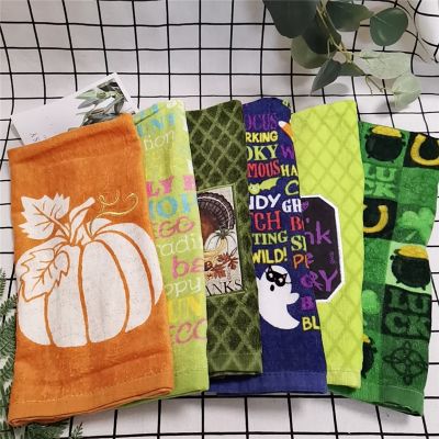 5Pcs 39x64cm Pumpkin Skull Printed Halloween Party Gift Cotton Cloth Kitchen Cleaning Cloth Hand Tea Towels
