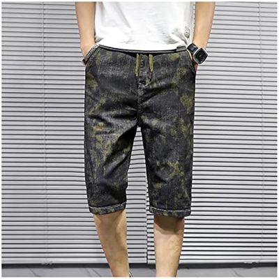 FEER Denim Shorts Mens Printed Stretch Straight Lace Up Jeans Shorts Cropped Pants Denim Men (Color : D, Size : 36)
