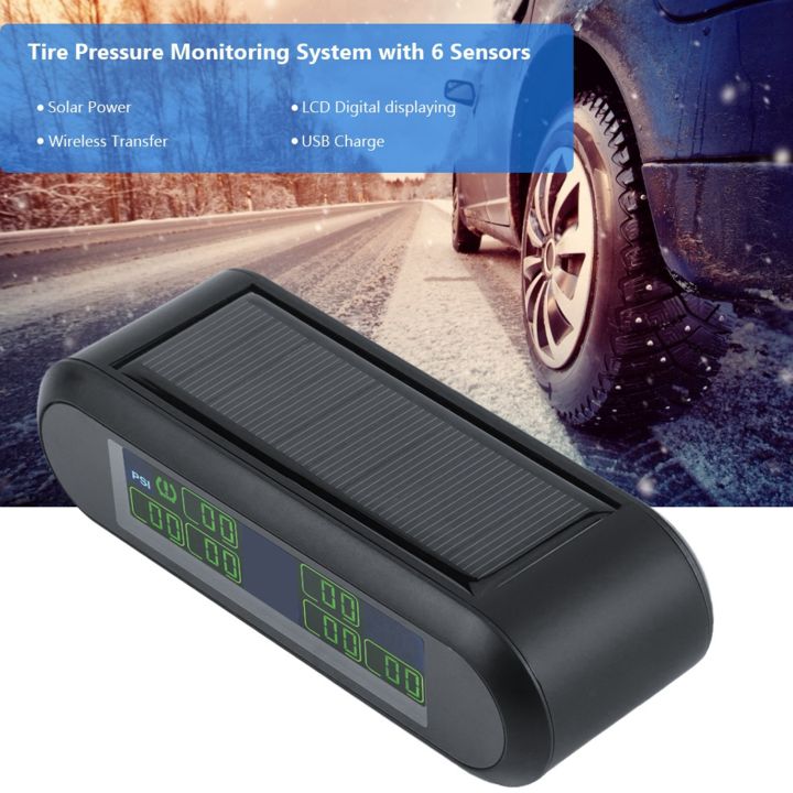 ตัวรับสัญญาณ-tpms-ระบบการตรวจสอบแรงดันยางรถยนต์โซลาร์tpms-ไร้สายสัญญาณเตือนจอแอลซีดีมี6เซ็นเซอร์ภายนอก