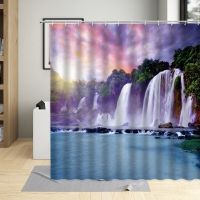 Waterfall Scenery Shower Curtain Forest Rock Landscape Spectacular Printing Pattern Bathroom Home  Polyester Washable With Hook