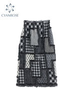 Spring Womens High Waist Woollen Plaid Patchwork Long Skirt Fashion Streetwear Female Vintage Korean Loose Casual A-line Skirt