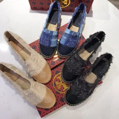 2023 new Tory Burch Ladys Embroidered logo canvas and leather flat shoes loafers