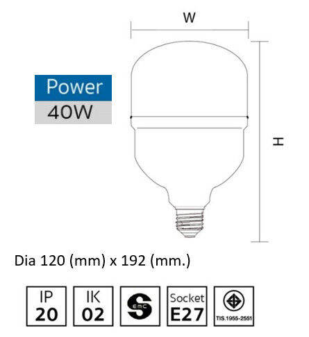 หลอด-แอลอีดี-40-w-ขั้ว-e27-ให้ความส่องสว่าง-3-600-ลูเมน-แสงขาว-เดย์ไลท์-อุณหภูมิสี-6-500k-แรงดันไฟฟ้า-170-240-โวลต์