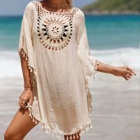 【YF】 Summer 2023 Sexy Holloe Out Crochet Dress Half Batwing Sleeve Tassel Bikini Cover Up Beachwear Sun Protection Clothing Swimwear