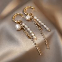 [COD] 925 silver needle ins style geometric C-shaped chain tassel earrings pearl inlaid diamond fashion design temperament