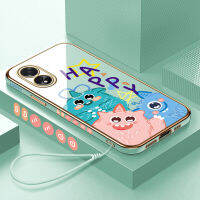 เคสใส่โทรศัพท์สำหรับฟรีสายคล้อง A38 OPPO A18 + การ์ตูนน่ารักสัตว์ประหลาดตัวน้อยลายขอบสี่เหลี่ยมชุบเคลือบเคสโทรศัพท์สุดหรูชุบเคสโทรศัพท์นิ่ม