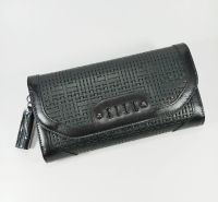 [EL394] ELLE กระเป๋าสตางค์ผู้หญิงใบยาว สามพับ สีดำ หนังลายสาน หนังแท้ โลโก้รมดำ ของใหม่ ของแท้100%
