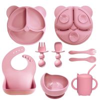 8PCS Baby Soft Silicone Bib Dish Suction Cup Bowl Dinner Plate Fork Spoon Set Non-slip Food-grade Silicone Kids Cutlery BPA Free Bowl Fork Spoon Sets