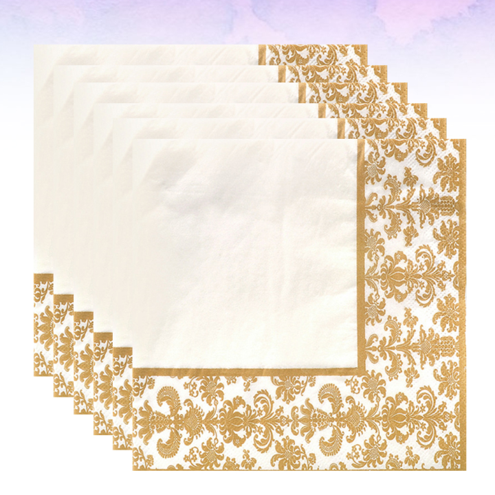 100ชิ้นทองพิมพ์ทิ้งผ้าเช็ดปากกระดาษทิชชูพิมพ์สำหรับร้านอาหารและโรงแรม-โกลเด้นสีขาว