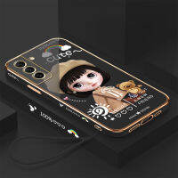 เคสมือถือปลอกสำหรับ Samsung Galaxy S21 FE 5กรัมพร้อมฟรีสายคล้อง + การ์ตูนสาวน่ารักเคลือบขอบสี่เหลี่ยมฝาหลังนิ่ม