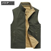 JEEP SPIRIT 1941 ESTD ชายวัยกลางคนเสื้อกั๊กการถ่ายภาพตกปลาสองด้านคอเสื้อฝ้ายเสื้อกั๊ก