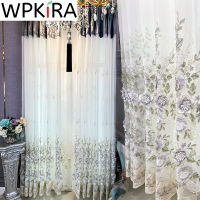 Luxurious Embossed 3D Embroidered Voile Curtain for Living room Bedroom Villa Romantic Purple Beige Flower Tulle on the Window