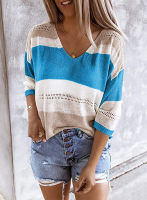 Fitshinling Bohemian Knit Woman Sweaters Patchwork Slim V Neck Slim Jumper Knitwear Vintage Jerseys Women Fashion Pull Femme