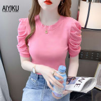 AIYIKU เสื้อยืดแขนพองสีพื้นของผู้หญิง,เสื้อทรงสลิมใหม่ฤดูร้อนปี2022