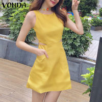 VONDA แฟชั่นสตรี Side Hollow Out Mini Sundress Solid Crew Neck ชุดซิปแขนกุด (เกาหลี Causal)