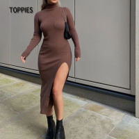 Toppies 2021 Autumn Rib Knit Long Dress Sexy Side Slit Slim Dress Sweater Elegant Vestidos High Neck robe femme