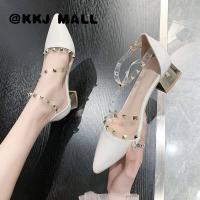 KKJ MALL Riveted Sandals Womens 2022 Summer New Transparent Word with Toe Cap Hollow y Roman Patent Leather Pointed Toe Low-heeled Thick-heeled High-heeled Shoes