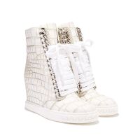 Stone White Leather Chains Lace Hole Sneaker  High Top Casual Shoes Ziper Back Ladies Increased Heel Shoes Front Metal Women