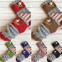 Embroidery Bird Knitted Gloves Fingerless Glove for Women Wool Knitting Block Splice Mittens Women Girls Gloves Without Fingers