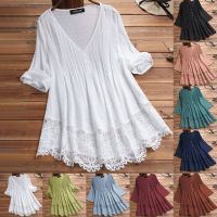 2021 Womens Lace Tops Elegant Tops Hollow Shirts Long Sleeve V-neck t-shirt Cotton Linen Blous New Solid Linen Hollow Shirt