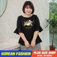 Plus size เสื้อผ้าสาวอวบ❤ เสื้อสาวอวบอ้วน ไซส์ใหญ่ ผู้หญิง เสื้อชีฟองผู้หญิง ทรงหลวม แขนสั้น คอกลม พิมพ์ สีดำ ฤดูร้อน สไตล์เกาหลีแฟชั่น V728