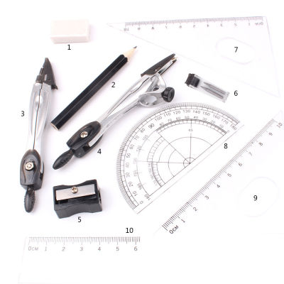 10pcs Geometry Kit Geometry Protractor for Drawing Eraser Compasses Set Math Eraser Ruler For Students Geometry Kit DJA88