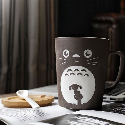 Ceramic Cartoon Totoro Milk Coffee Mugs With Lid and Spoon Large Capacity Matte Water Cup Office Teacups Kitchen Drinkware Gift