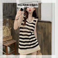 HUAYANG01 2023ใหม่แฟชั่นสุดฮอต] เสื้อถักลายทางคอกลมมีรูชุดมินิเดรสสตรีทแวร์