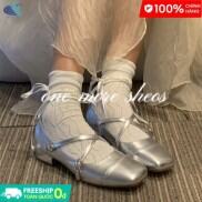 YUNGUANG Bạc Giày Ballet Pháp Mary Jane Giày Mũi Vuông Gót Thấp Giày Đơn
