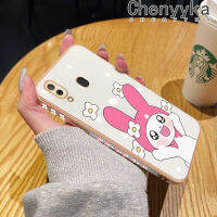 Chenyyka เคส M10s A20 A30ปลอกสำหรับ Samsung ลายการ์ตูนน่ารักเมโลดี้กระต่ายหรูหราชุบสี่เหลี่ยมเคสมือถือขอบซิลิโคนกันกระแทกฝาหลังเคสป้องกันเลนส์กล้อง