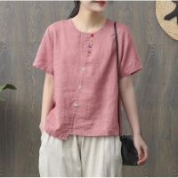 COD tjjs079 【KEEY】Tops womens summer Cotton linen Crew neck short sleeve shirt plus size S71