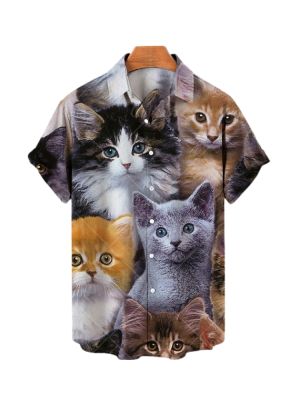 เสื้อฮาวายผู้ชายแขนสั้นขายดีเสื้อผ้าผู้ชายพิมพ์ลายน่ารักฤดูร้อนเสื้อ Y2k อนิเมะฮาราจูกุรูปแมวลำลองทรงโอเวอร์ไซส์
