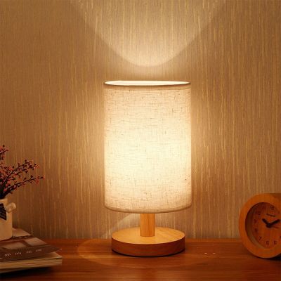 Wooden Classical Table Lamp Bedside Night Light Eye Protection Rechargeable Desk Light with Cylinder Lamp Shade Home Decor Night Lights