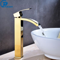POIQIHY Golden Waterfall Bathroom Faucet Countertop Basin Vessel Sink Tap Deck Mounted Chrome Mixer Tap Cold Hot Water Tap