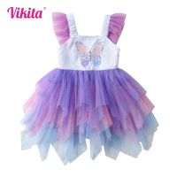 VIKITA Summer Sleeveless Girls Dress Sequined Butterfly Children Clothing Kids Party Prom Vestidos Tulle Dress For Baby Girls