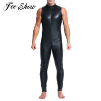 Black Men Faux Leather Bodysuit Swimsuit High Collar Sleeveless Zipper Bodycon Stretchy Gym Jumpsuit Catsuit Nightclub Dancewear