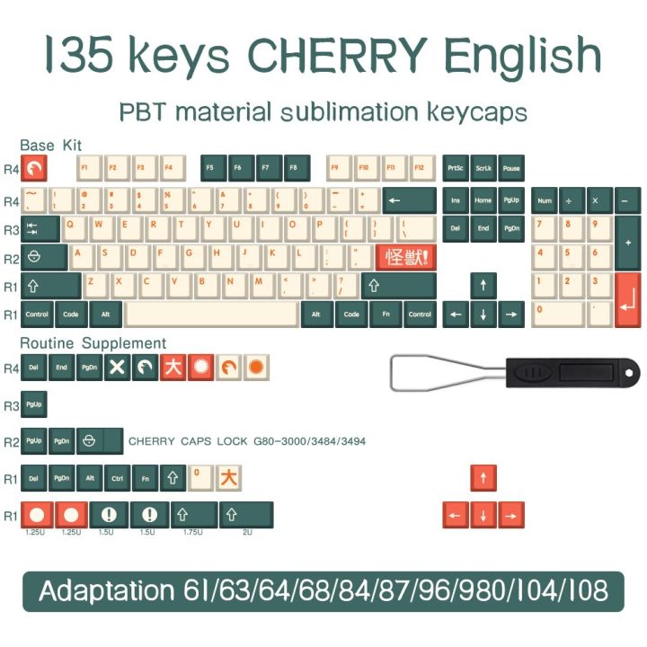 kaiju-พวงกุญแจเชอร์รี่โปรไฟล์-pbt-สีระเหิด135-147คีย์สำหรับคีย์บอร์ดเล่นเกมกลสวิตช์-mx-gmk