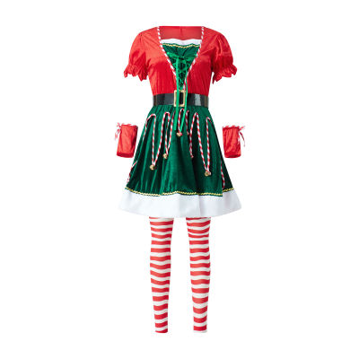 ชุดเดรสชุดลายเอลฟ์ผู้ช่วยซานต้าชุดเดรสหมวกเอลฟ์เข็มขัดถุงน่องคริสต์มาสแบบหรูหรา