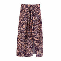 TRAF Women Fashion With Knot Printed Midi Sarong Skirt Vintage High Waist Back Zipper Front Slit Female Skirts Mujer