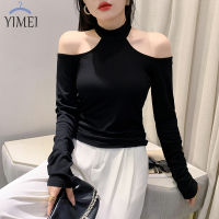 YIMEI เสื้อยืดลายทางผู้หญิงเปิดไหล่สีดำเปิดไหล่,เสื้อแฟชั่นสตรี2023ฤดูใบไม้ร่วง