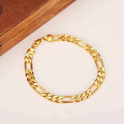 Fashion 24 K Yellow Solid Gold FINISH Mens OR Womens Trendy Bracelet 21cm Necklace Set Figaro Chain Watch Link