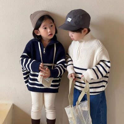 Kids striped high collar sweater fashion Boys knitwear Girls loose casual knit pullover