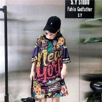 Women Round Collar Summer Graffiti Harajuku Style Loose Short Sleeve T-Shirt Oversized Tee