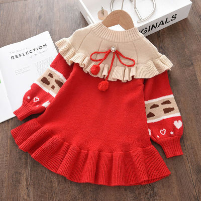 Bear Leader Winter Christmas Kids Girl Knitted Dresses Fashion Baby Bow Ruffles Ball decoration Cute Vestidos Children Clothes