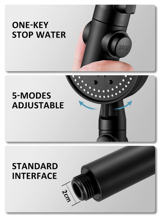 หัวฝักบัวประหยัดน้ำสีดำ5โหมดปรับฝักบัวแรงดันสูง-one-key-stop-water-massage-shower-อุปกรณ์ห้องน้ำ