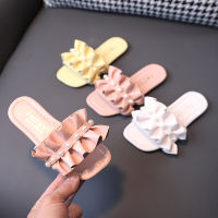 Girls Summer Sandals Slippers Children Beach Slides Ruffles Pleated with Pearls Beading Princess Sweet Kids Slippers Anti-skid2023