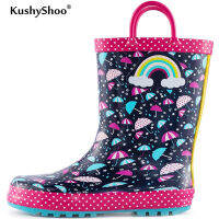 KushyShoo Kids Rain Boots 2020 New Girl Colorful Rain Boots Waterproof Rubber Rainbow Printed Water Shoes with Handles Unisex