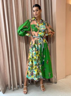 Print Holiday Women Beach Dress With Belts Long Lantern Sleeve Mermaid Ocean Floral Dresses Single Breasted A-line Pleated Robe