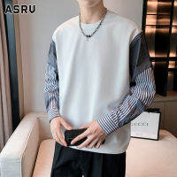 ASRV เสื้อสเวตเชิ้ตแฟชั่นของผู้ชายลายทางแฟชั่นแต่งระบายเสื้อแบบหลวม