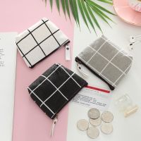 Canvas Fabric Lattice Coin Purses Mini Wallets Card Holder Key Money Bags Headphone Storage Purse Pouch for Women Girls Kids